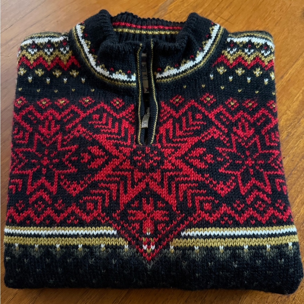 Dale of Norway Black, Red, and Tan Nordic Zip Sweater